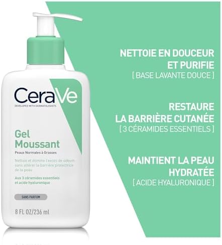 - Gel Moussant, Nettoyant visage Doux Purifiant, Texture Gel Moussant, Hydratation et Elimination de l'Excès de Sébum, Céramides et Acide Hyaluronique, Peaux Normales à Mixtes, Sans Parfum