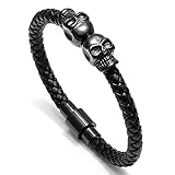 Meangel Braided Leather Bracelet for Men Stainless Steel Twin Skull Bangle Magnetic-Clasp 8.2 Inch