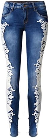 Firmeza Lady Women Blue Denim Crochet Lace Skinny Jeans Pants Stretch Party Pencil Trousers
