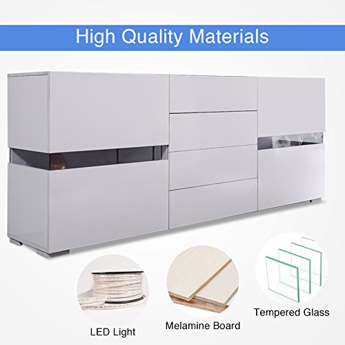 LED Sideboard Kitchen Buffet Storage Cabinet High Gloss TV Stand Server Console Table with 2 Doors & 4 Drawers,White - Thumbnail 2