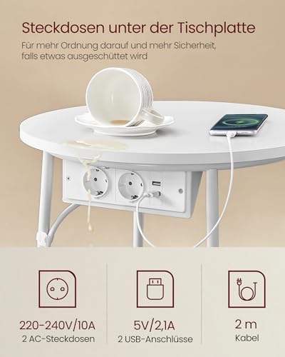LILEA Kollektion - Beistelltisch rund, Kleiner Tisch, Couchtisch mit Steckdose, Wohnzimmertisch, Korb aus Stoff, Stauraum für Wohnzimmer, Nachttisch modern, mattweiß-Kamelbraun LET228W02