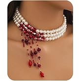 Dripping Blood Pearl Necklace for Women Gothic Punk Tassel Choker Necklace Vintage Layered Crystal Beaded Necklaces Adjustable Dark Bloody Necklaces Halloween Party Costume Accessories