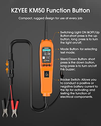 (Upgrade of KM10) KZYEE KM50 Power Circuit Probe Kit - 12V/24V Automotive Circuit Tester with AC/DC Voltage/Resistance/Diode/Frequency/Duty Cycle/Fuel Injection Circuit Detection, Activate Component