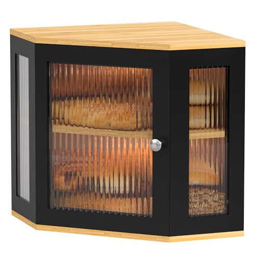 Exabang Corner Bamboo Bread Bin Bread Storage Box with 2 Levels, Wooden Bread Container Bread Storage Food Safe Easy Care Bread Box 32 x 32 x 35 cm