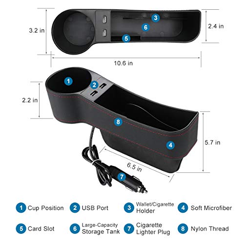 HONGNAL Car Seat Gap Organizer, 2 Pack USB Storage Box, Console Side Pocket Storage Box, Console Side Pocket Storage Couple with USB Charging Ports,Cup Holder for Cellphones Wallet Coin Key