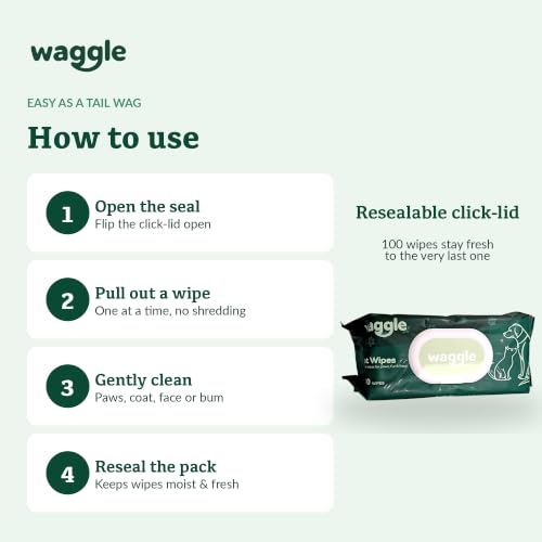Waggle Pet Wipes for Paws, Fur and Face, Gentle and Alcohol-Free, 100 Wipes | Dog & Cat Wipes, Pet Wipes