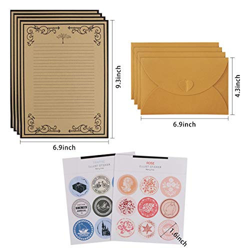 Letter Writing Stationery Paper Letter Set, Benbo Vintage 4Pcs Stationery Paper and 4Pcs Kraft Paper Stamping Envelopes with 18Pcs Seal Stickers for Holidays, Invitations, Greeting Cards
