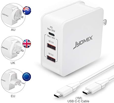 JYDMIX USB C PD Charger 30W, 3-Port Universal Travel Charger with USB-C Power Delivery, USB QC3.0 Fast Charge Worldwide 48W USB Power Travel Adapter with Interchangeable Plugs