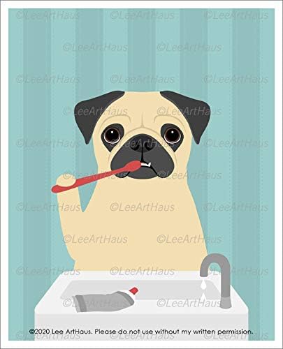 764D - Fawn Pug Dog Brushing Teeth Over the Sink UNFRAMED Wall Art Print by Lee ArtHaus
