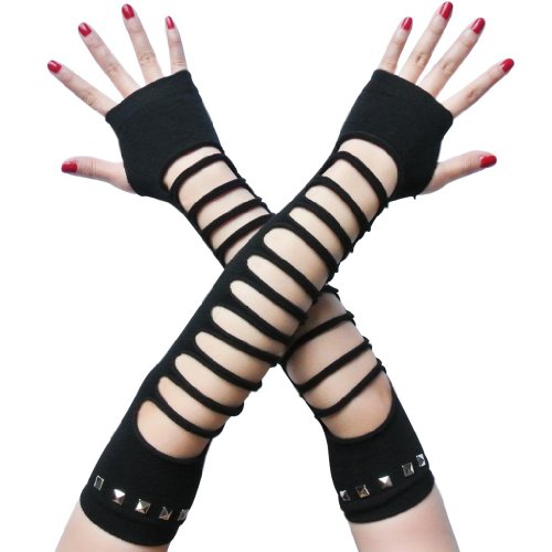 Nava Sexy Black Nikita Punk Rock Studded Long Ripped Arm Warmer Fingerless Knit Dress Costume Gloves