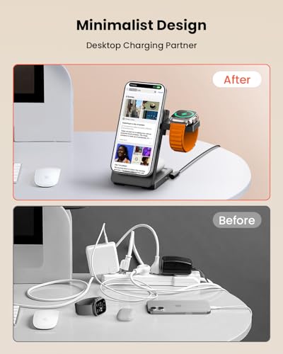 15W Fast Wireless Charging Station, GEEKERA 3 in 1 Magnetic Wireless Charger Stand for Apple Devices, Foldable Travel Charging Dock for iPhone 17 16 15 14 13 12, for Apple Watch & AirPods