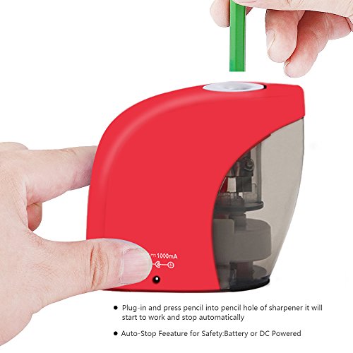 Electric Pencil Sharpener, VEYETTE Portable Electrical Pencil Sharpener for Colored Pencils, Perfect for Kids, Teachers and Artists, Plug & Battery Operated, Red