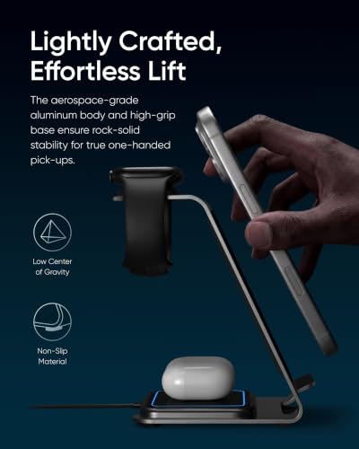 Intoval Aluminum 3-in-1 Wireless Charging Station for iPhone 17/17 Pro/17 Pro Max/16/16 Pro/16 Pro Max/15/14/13/12,for Apple Watch 11/Ultra 3/SE 3/10/9/8/7,for AirPods Pro 3/4/Pro 2/3/Pro (Grey)