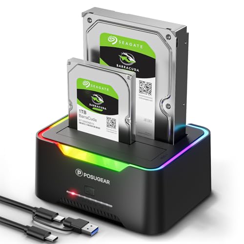 POSUGEAR Hard Drive Dock, USB3.0 Hard Drive Docking Station for 2.5 and 3.5 Inch SATA HDD/SSD Up to 40TB, Offline Cloning Function Supports UASP Dual Bay