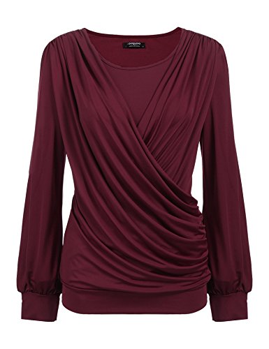 Zeagoo Women s Long Sleeve Scoop Neck Pleated Front Fitted Blouse Top Wine Red L