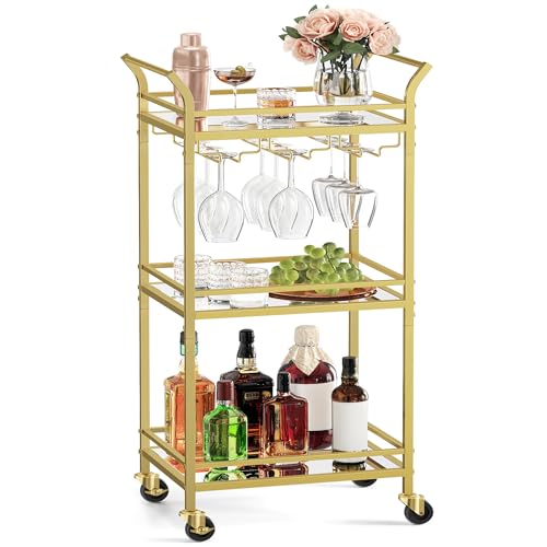 VASAGLE 3-Tier Drinks Trolley, Gold Bar Cart on Wheels, with Handles, Mirrored Glass Shelves, Serving Trolley for Small Spaces, Kitchen, Dining Room, Bathroom, Living Room, Home Bar, Gold LRC091A62
