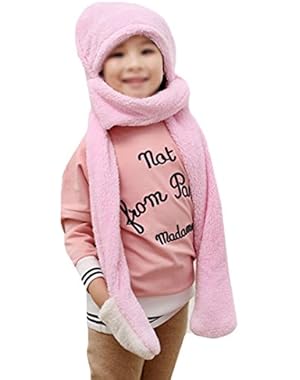 Unisex Baby Toddlers Kids Cute Cartoon Plush Hooded Hat Gloves Scarves 3 In 1 Set With Rabbit Ear Shape Warm Earflap...