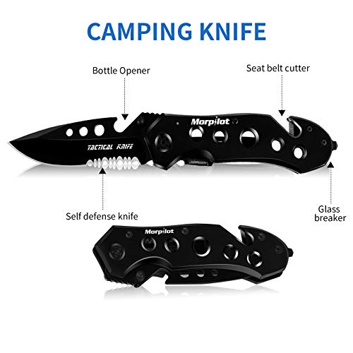 morpilot Klappmesser mit Messerschärfer, oben mit Kompass und Trillerpfeife, Klinge aus Edelstahl, für Camping, Wandern – Bild 4