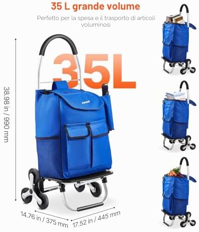 Carrello Saliscale, Carrello Spesa Pieghevole 36L, Carrello Lavanderia, Carrello Saliscale con 6 Ruote e Borsa in Tessuto Oxford, Carrello Pieghevole per Lavanderia, Arrampicata Capacità 68 kg