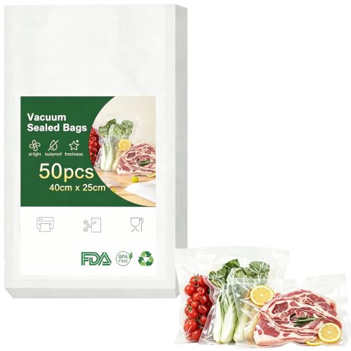Vacuum Sealer Storage Bags for Food Sealing Machine, 25x40cm Large Sous Vide Freezer Bag with Commercial Grade, BPA Free, Heavy Duty, Meal Prep Cooking, (50 Pack)
