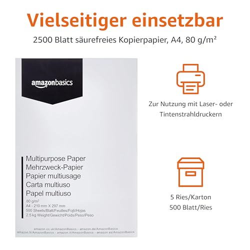 Amazon Basics Druckerpapier, DIN A4, 80 g/m², 2500 Stück, 5 Packungen mit 500, Weiß thumbnail 2