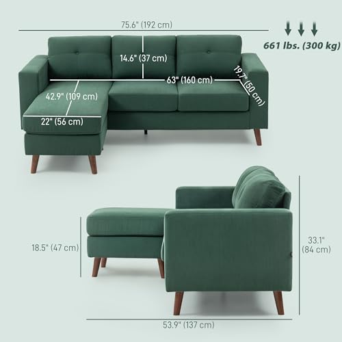 HOMCOM Sectional Sofa with Changeable Chaise Lounge, 3 Seat L-Shaped Sofa with Spring Cushion, Steel Frame, Corduroy Upholstered Couch for Living Room, Small Space, Dark Green