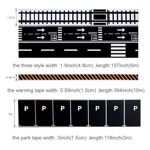 TERRIFI Play Road Tape for Toy Cars & Trains, 3 Rolls of Black Tape, Each 197 inch x 1.9 inch, Includes Traffic Signs, Sticks to Floors and Walls, Easy Cleanup, No Residue, Kids Gift