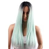 netgo Mint Green Ombre Wig Black Roots Long Straight Synthetic Lace Full Wigs Ombre for Women