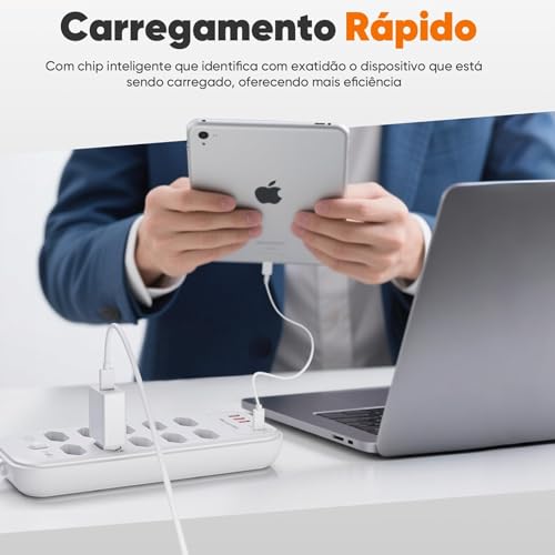 Filtro de Linha,Extensão Eletrica,Extensão Tomada,Régua Tomada 3 Interfaces USB,2 Portas USB Tipo-C,Cabo de Alimentação de 2Metros,Potência de 2500w,Suporta a Tensão de 110-220V Branco(8 Tomadas)