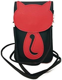 TEGAOTE PU Leather Cute 3D Cat Umbrella Patterns 2 Layers Mini Crossbody Single Shoulder Bag 5.5-Inch Cellphone Pouch Purse with Transparent Window Touch Screen (Black-Red Cat)