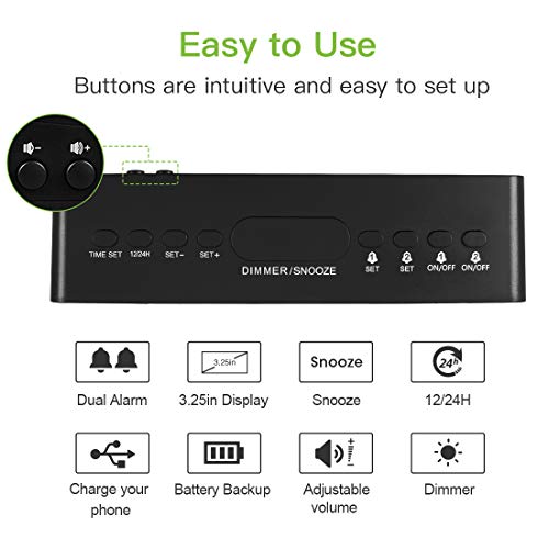 REACHER Simple Dual Alarm Clock with Adjustable Volume for Bedrooms - Large Numbers LED Display with USB Phone Charging Port, Dimmer, Snooze, Easy Operation for Desk Shelf Bedside(Black) - Thumbnail 3