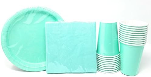 PartyDeiz Party Supplies Bundle for 20 - (20 Heavy Duty Paper Plates, 24 Napkins, 20 Cups) Birthday, Baby shower (Mint)