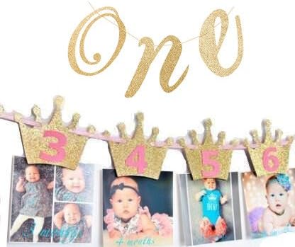 Pink Princess Crown Monthly Milestone Photo Garland with ONE Happy Birthday Girl High Chair Glitter Banner Garland Sign for Baby First 1st Birthday Party Decorations