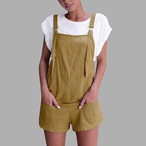Click Here to See More Images Women Summer Stylish Casual Elastic Waist Dungarees Linen Cotton Pockets Rompers Playsuit Shorts Pants (Khaki, XL)