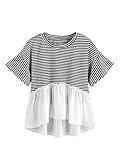ROMWE Women's Loose Ruffle Hem Short Sleeve High Low Peplum Blouse Top Striped Large