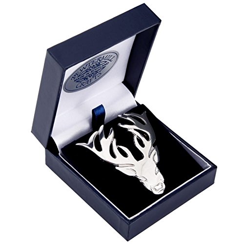 Small Polished Pewter Scottish Stag Head Plaid Sash Brooch - Made in Scotland