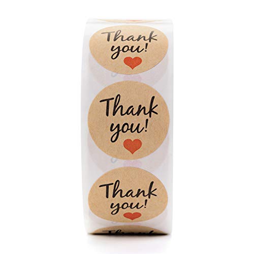 Mionno Kraft Paper 1.25" Round Thank You Stickers with Red Heart - 1000pcs/Roll Adhesive Labels for Decorative and Envelope Sealing, Gift Wrap, Birthday, Baby Shower, Wedding, Party (1 Roll)