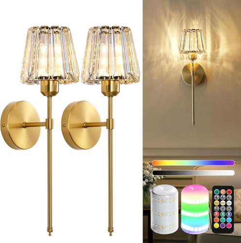 Crystal Wall Sconces, Rechargeable Wall Lights, 5200mAh Battery-Powered Wall Lamp with 4 Color Temperatures and 9 RGB Colors, Dimmable for Bedroom, Living Room, Hallway, Includes Bulbs, 2 Pack, Gold