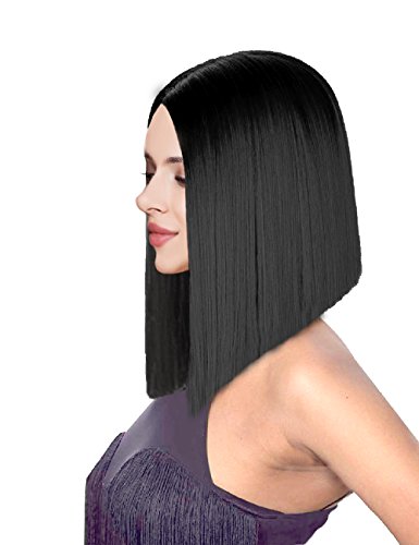 Kalyss 14 Short Straight Black Yaki Synthetic Bob Wig Heat Resistant Premium Synthetic Hair Replacement Middle Parting Full Head Wig For Women