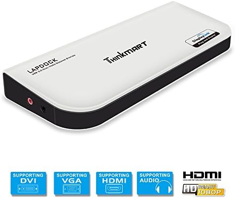 USB3.0 Docking Station, Thinkmart Dual Display Universal USB3.0 Laptop Docking Station for Windows MAC OS (Dual Video HDMI &amp; DVI / VGA, Gigabit Ethernet, Audio, 6 USB Ports)