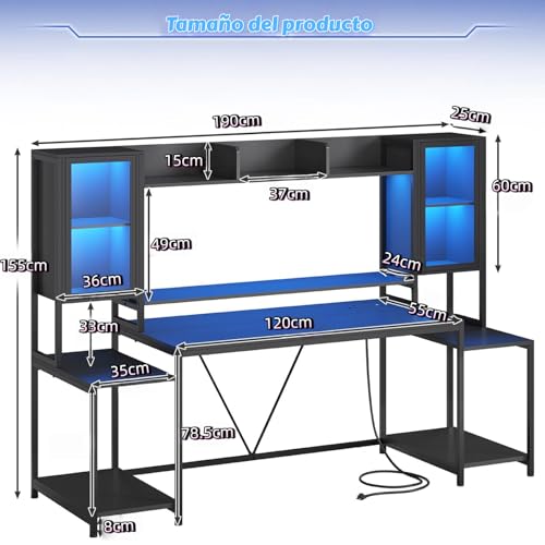 FL FASHION LEADER Escritorio Gamer 190cm Escritorio para Computadora con Luces LED Escritorio Minimalista con Soporte para Monitor, Mesa de PC con Estantes Negro