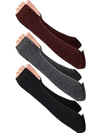 Bememo 3 Pairs Winter Long Fingerless Gloves Knit Elbow Length Gloves Thumb Hole Arm Warmers for Women Girls (Color Set 5, Long Type)