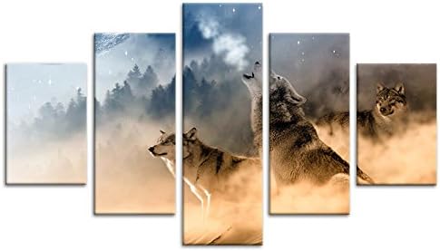 5 Panel Animal Pictures Wall Decor Canvas Prints Pictures for Living Room Modular Framed Wolf PosterNo Frame^^^12x16x2p+12x24x2p+12x32x1 inch