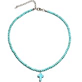 plswanfrog Green Turquoise Necklace Natural for Women Boho Turquoise Beaded Chain Necklace Dainty Small Cross Pendant Summer Beach Jewelry Gift