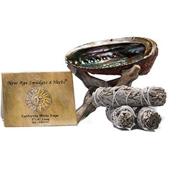 Smudging Kit - 3 California White Sage Smudging Wands (Salvia Apiana) with Beautiful Natural 5 in - 6 in Abalone Shell, Kit Includes Natural Wooden Cobra Tripod Stand - Sage Sticks - 3'' - 4