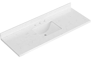ARIEL 60 inch bathroom vanity top with sink, 1.5 Inch Thick Miter Edge Carrara White Quartz top, Rectangle Single Porcelain Sink, Includes Backsplash