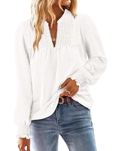BETTE BOUTIK Womens Blouses Dressy Casual Loose Flowy Cute Boho Shirts Long Sleeve Fall Winter V Neck Tops Western Peasant Lace Crochet Babydoll Blouse White XL at Amazon