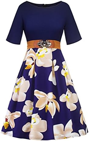 Womens Dresses For Work , Lionstill Vintage Summer Women Midi Swing Dress With Short Sleeves And Belt Navy Small