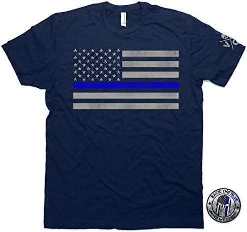Thin Blue Line Flag Distressed T-shirt &amp; Sticker Men's Support Police Navy Blue (Medium)
