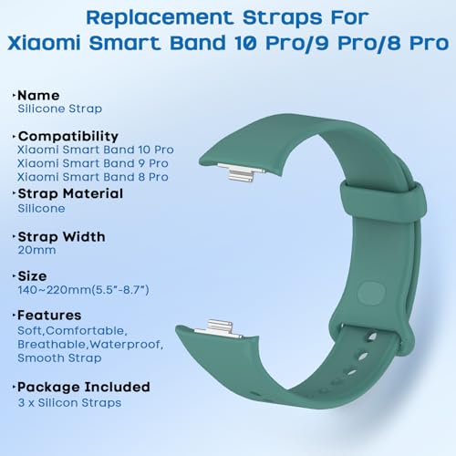 Xisair 3 Silicone Bands Compatible with Xiaomi Smart Band 9 Pro and Xiaomi Smart Band 8 Pro Sport Strap, Silicone, Breathable, Soft and Comfortable Replacement Straps for Miband 9 Pro, Miband 8 Pro